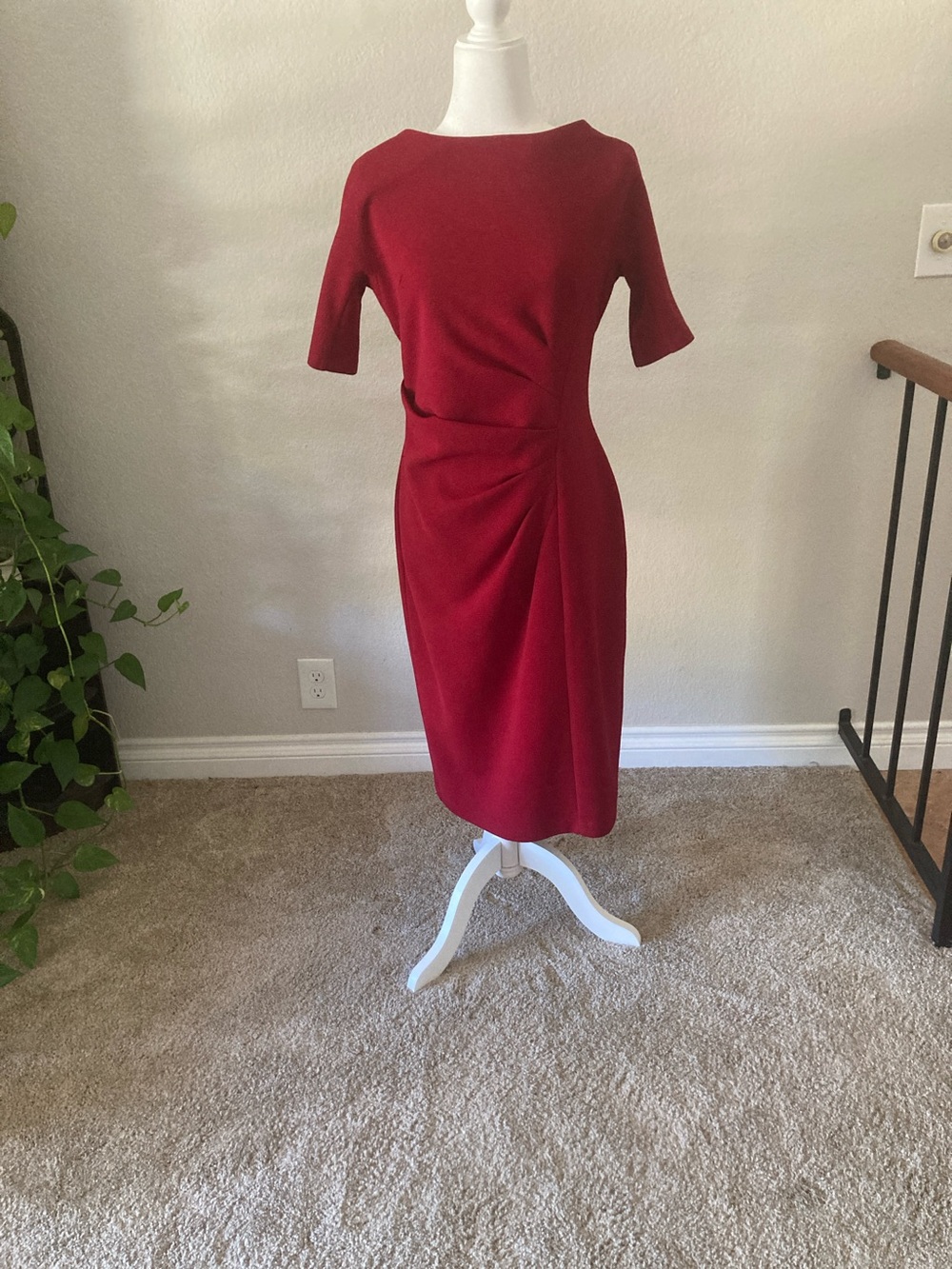 Maggy London Crimson Red Midi Sheath Dress with Side Draping